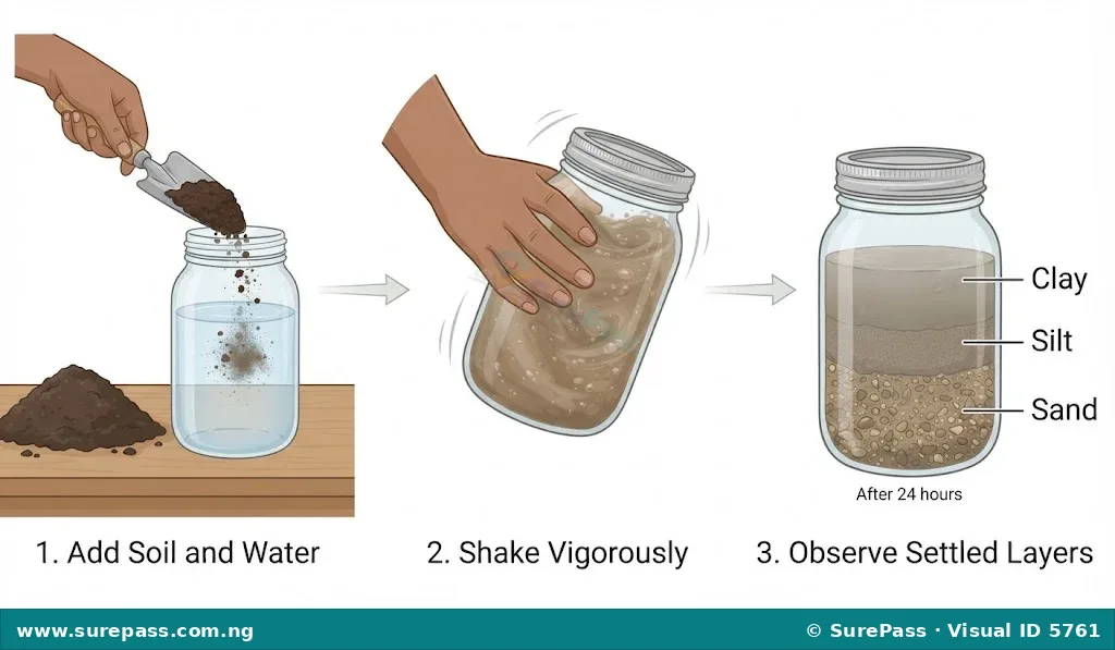 Three-step visual guide for a soil settling test, showing adding soil, shaking the jar, and observing the settled layers of sand, silt, and clay.