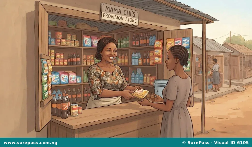 A Nigerian sole proprietor, a woman, smiling as she attends to customers in her small provision shop.