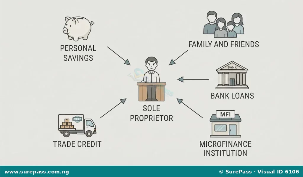 Diagram illustrating sources of capital for a sole proprietorship, including personal savings, family and friends, bank loans, microfinance institutions, and trade credit.