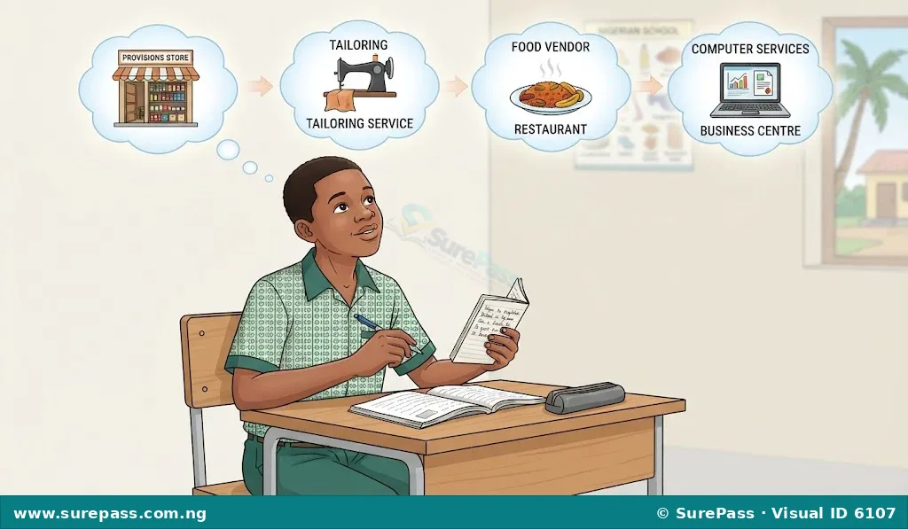 A Nigerian student brainstorming business ideas, with thought bubbles showing icons of a shop, tailoring, food, and laptop services.