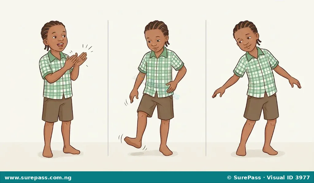 A child clapping hands, tapping feet, and swaying to music.