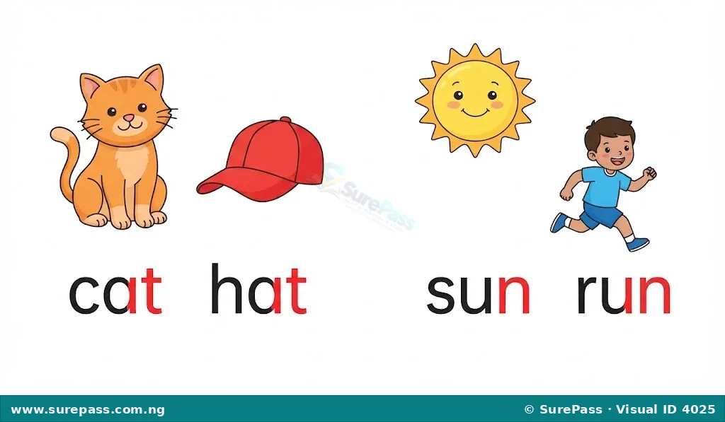Illustration showing rhyming words like 'cat' and 'hat', and 'sun' and 'run'.