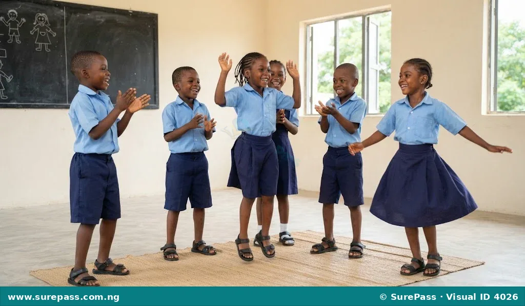 Primary 1 children demonstrating actions like clapping, jumping, and spinning while singing.
