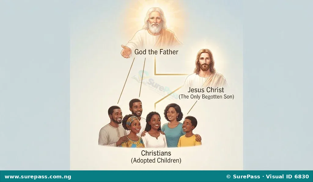 An illustration showing God the Father at the top, Jesus Christ as the only begotten Son below Him, and a group of diverse Christians as adopted children below Jesus, all connected by lines of relationship.