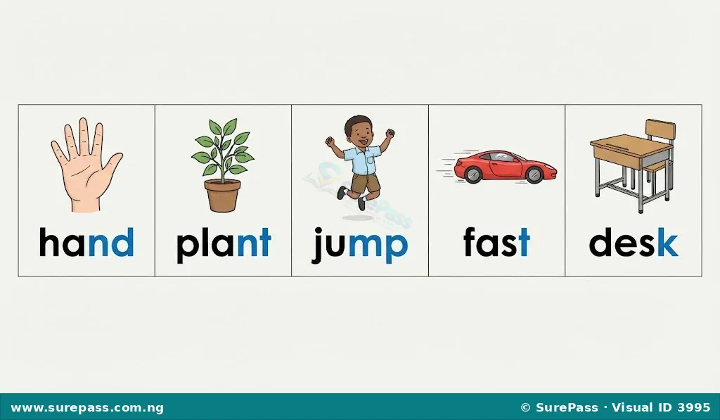 Illustrations of words with final consonant clusters like hand, plant, jump, fast, desk.