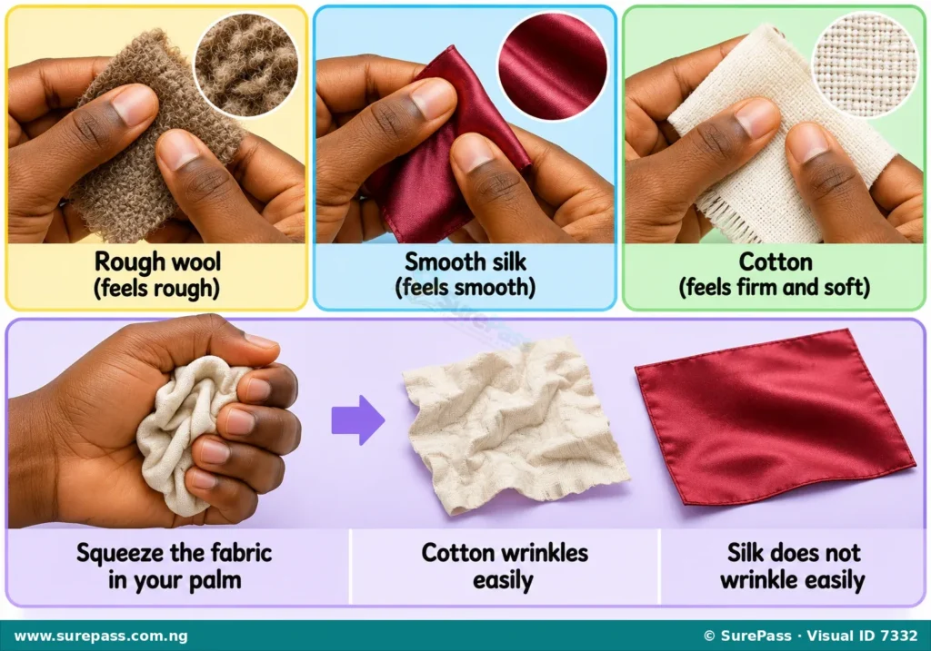Hands performing a fabric feeling test by rubbing and squeezing samples.