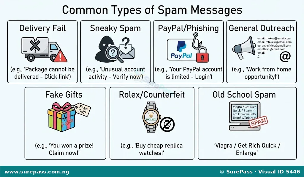 A grid diagram illustrating seven common types of spam with representative icons and labels.
