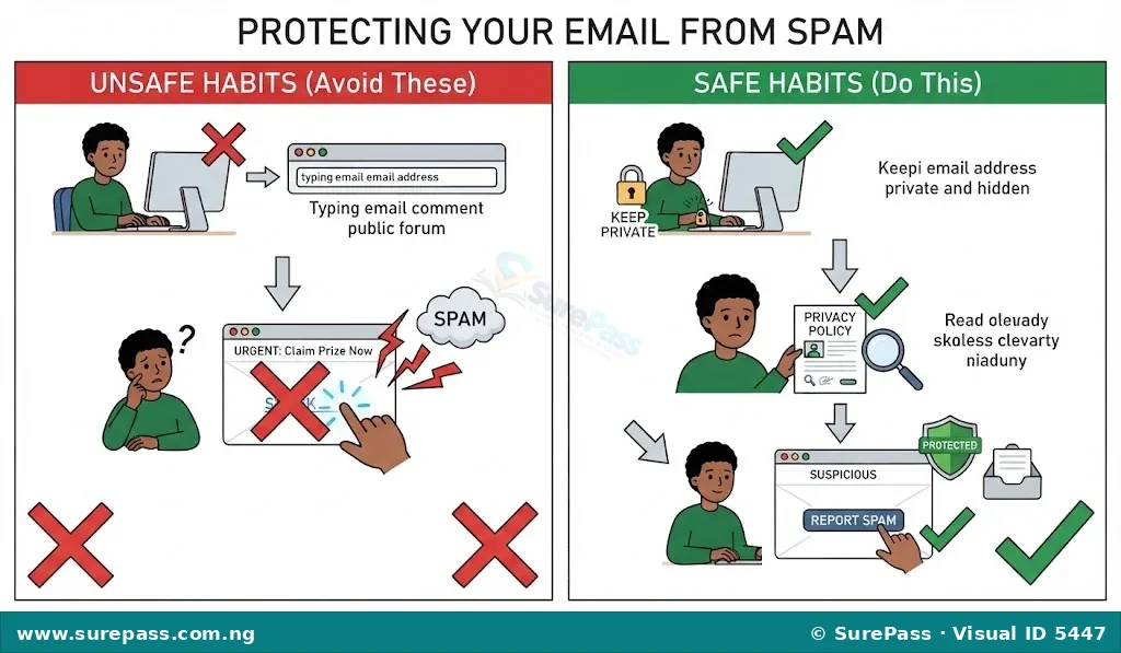 A split-screen graphic comparing unsafe email habits with safe practices to avoid spam.