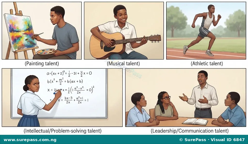 Collage illustrating various natural talents such as painting, playing music, athletics, intellectual problem-solving, and leadership.