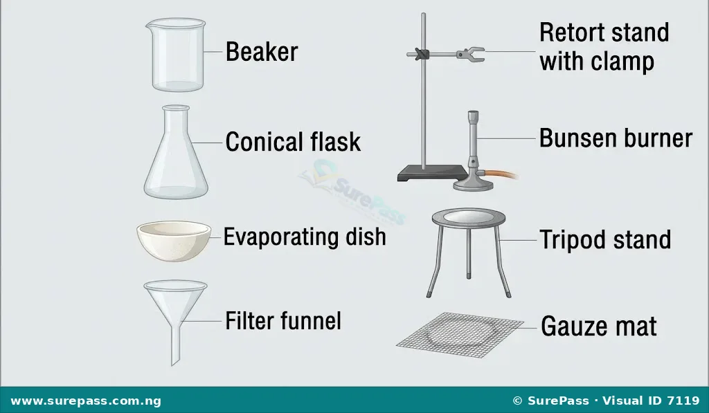 A collection of common laboratory apparatus including beaker, conical flask, evaporating dish, filter funnel, retort stand, Bunsen burner, tripod stand, and gauze mat.