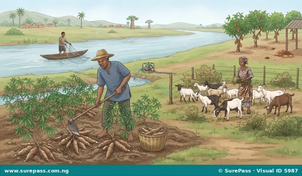 Illustration of Nigerian agricultural activities including cassava harvesting, goat rearing, fishing, and cocoa farming.
