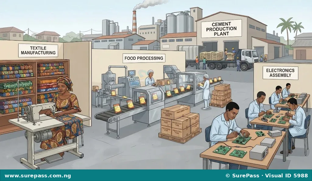 Illustration of Nigerian manufacturing activities, including cement production, textile work, food processing, and electronics assembly.