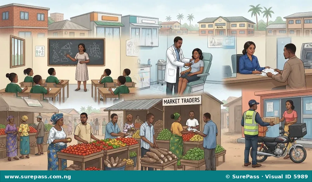 Illustration of Nigerian service sector activities, including education, healthcare, banking, market trading, and delivery services.