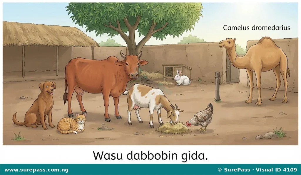 A group of domestic animals including a dog, cat, goat, cow, chicken, camel, and rabbit in a home or farm setting.