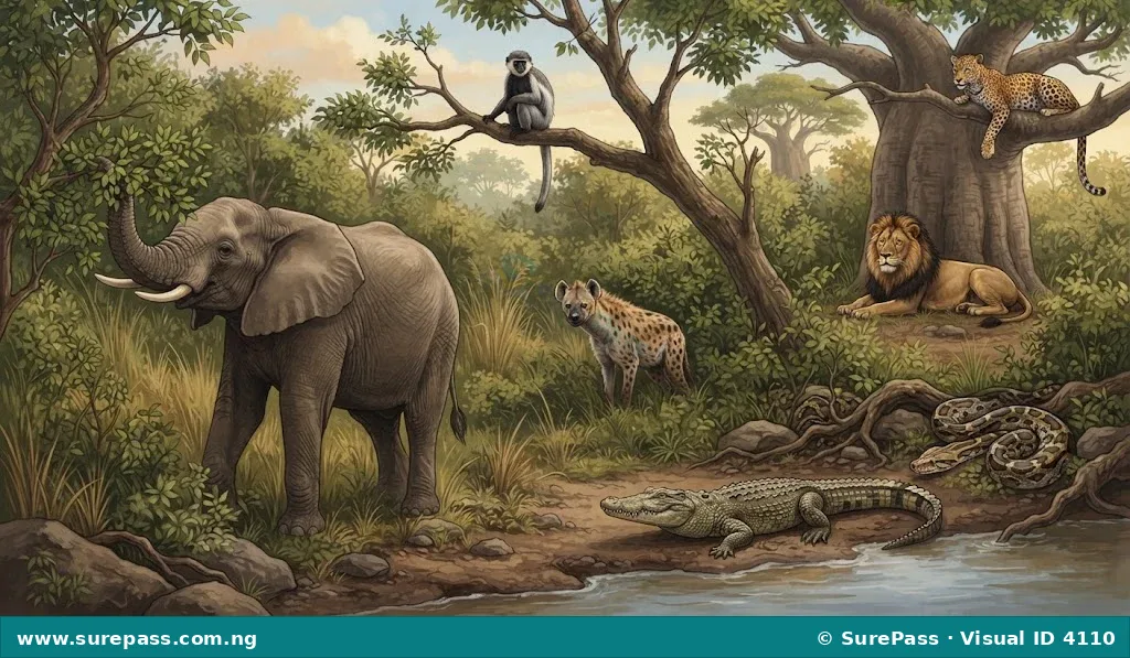 A group of wild animals including a lion, elephant, leopard, hyena, monkey, crocodile, and snake in a natural bush or forest environment.
