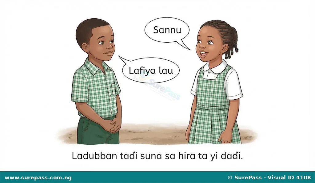 Two children conversing politely, one listening to the other.