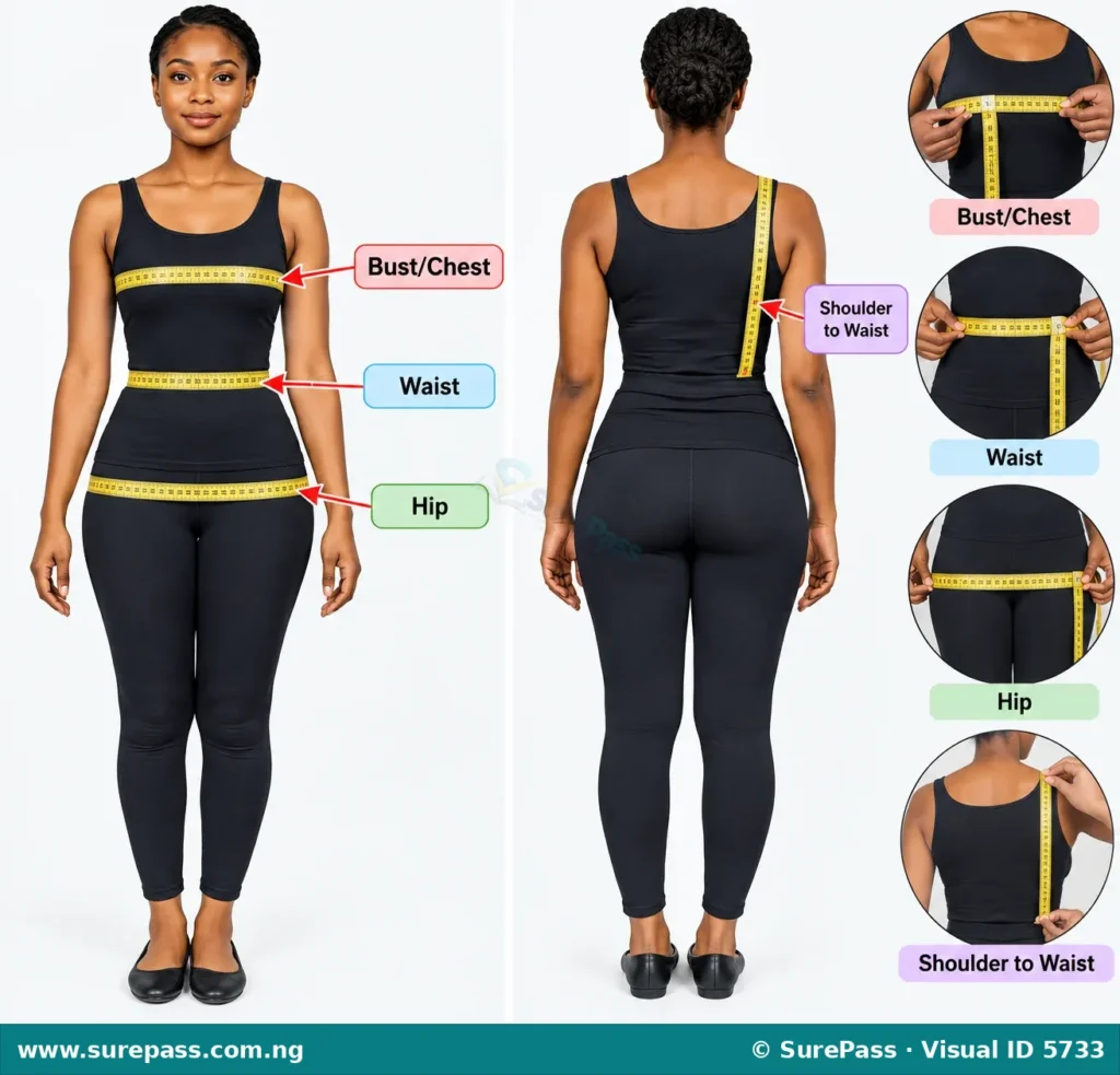 A diagram showing a person being measured for garment making, with a measuring tape around the bust, waist, and hips, and a vertical measurement from shoulder to waist. Labels indicate each measurement point.