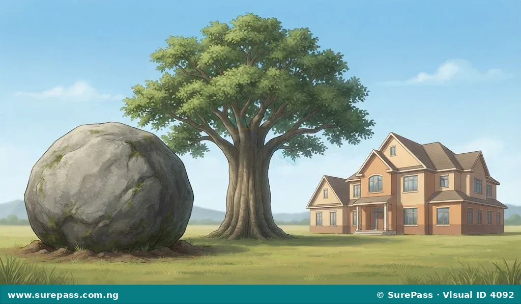 A very large rock, a huge tree, and a massive house.