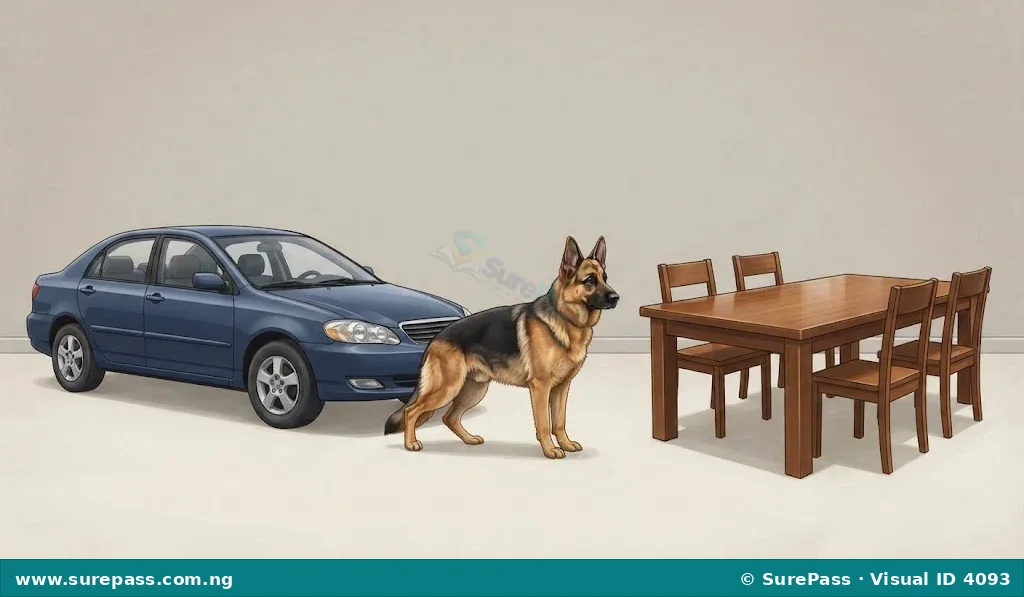 A large car, a big dog, and a large table.