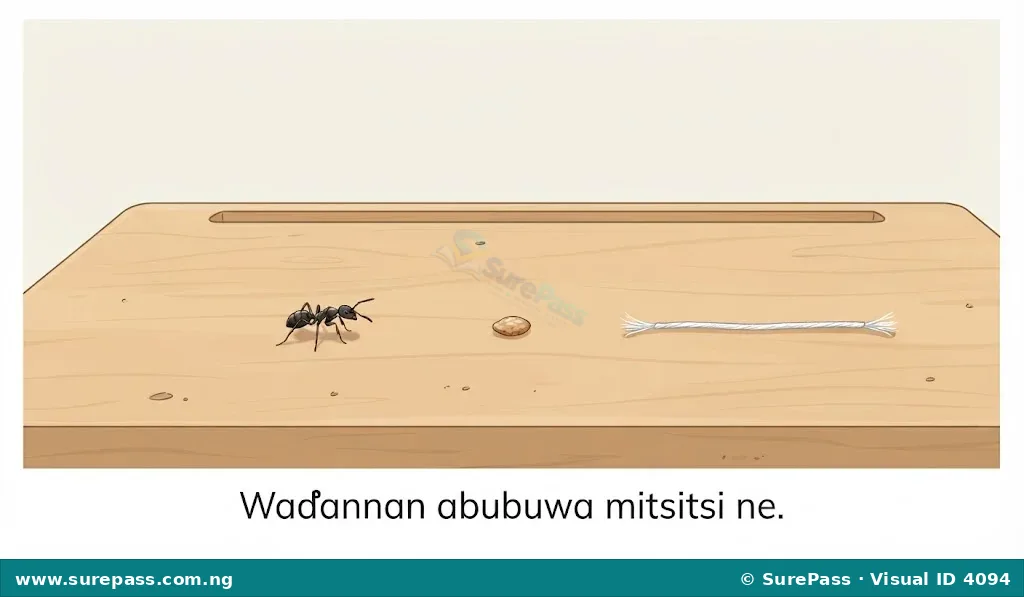 A tiny ant, a very small seed, and a thin thread.