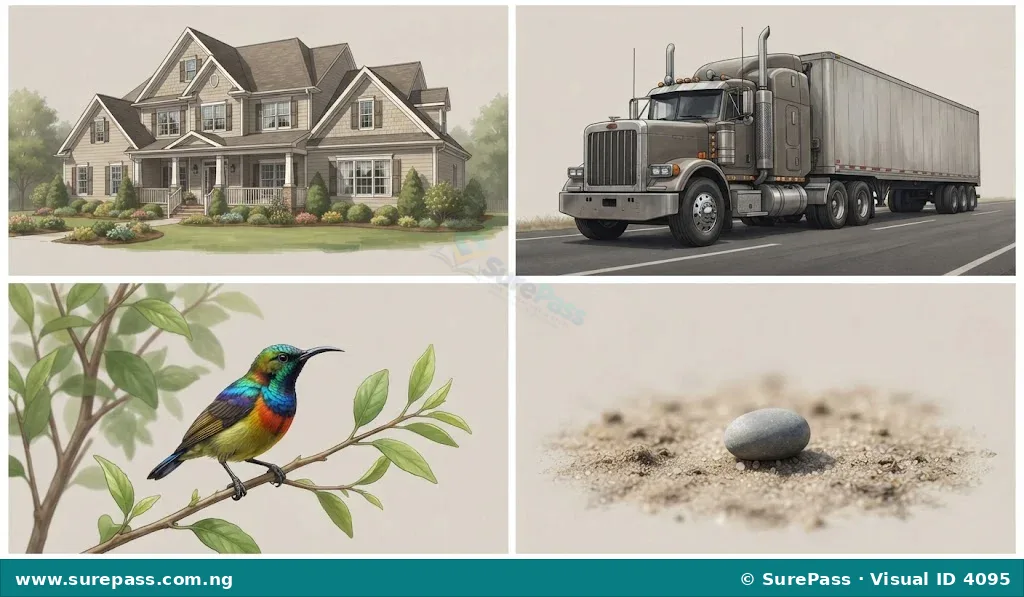A large house, a huge truck, a small bird, and a tiny pebble.