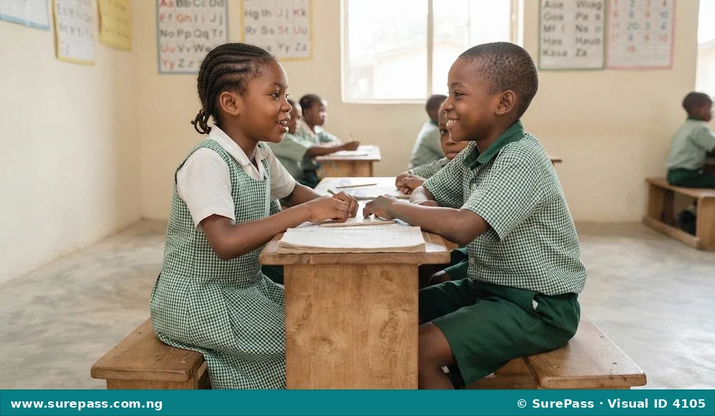 A boy and a girl having a conversation while sitting at a school desk.