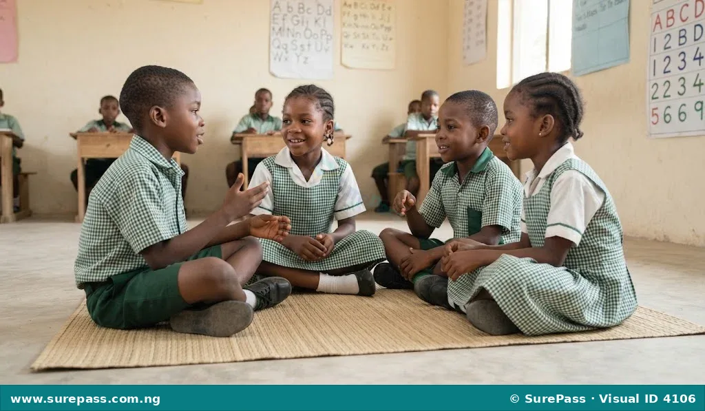 Four children sitting in a circle and talking, showing a group conversation.