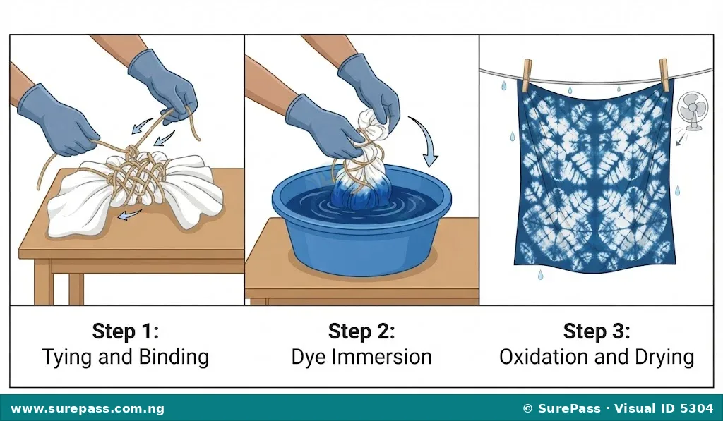 Three images illustrating the tie and dye process: tying fabric, immersing it in dye, and drying the finished patterned fabric.