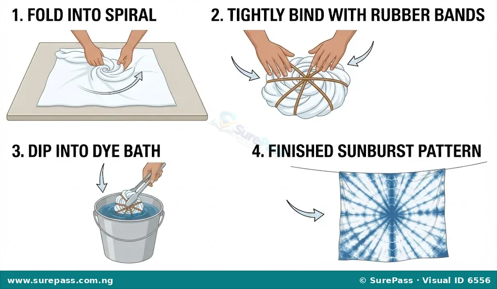 Step-by-step process of folding, binding, dyeing, and unfolding a tie-dye fabric.