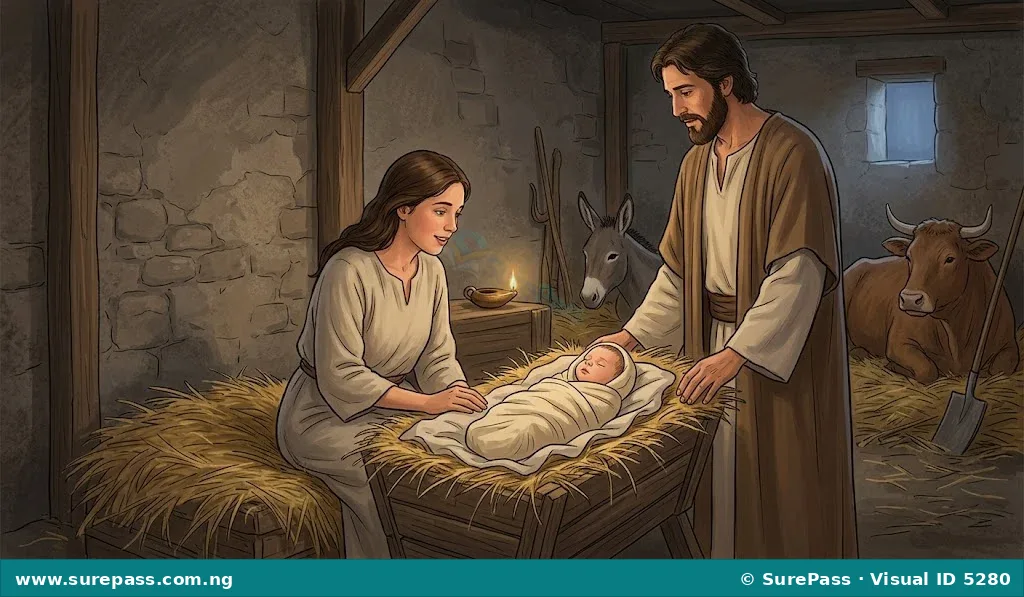 Mary and Joseph with baby Jesus in a manger in a stable.