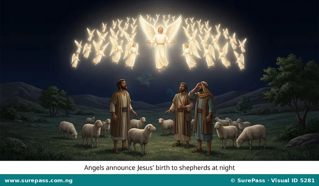 Angels appearing to shepherds in a field at night.