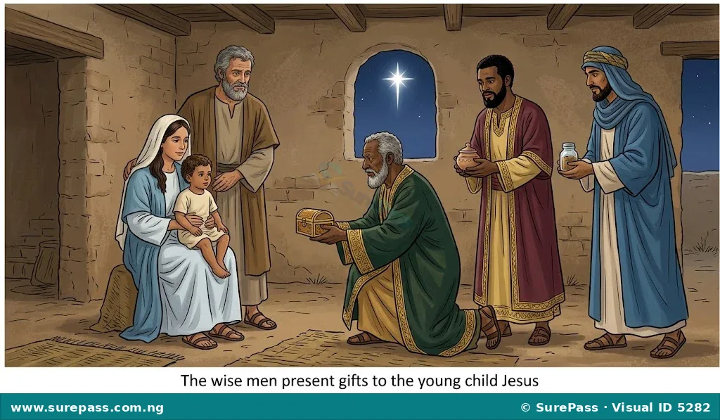 The wise men presenting gifts to the young child Jesus.