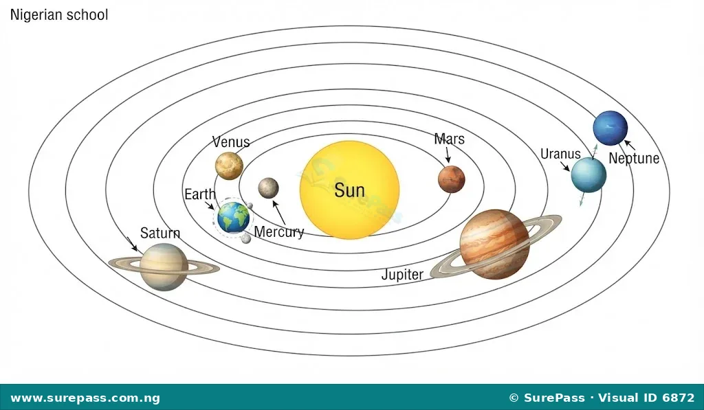 Diagram showing the Sun at the center with eight planets orbiting it. The planets are labelled Mercury, Venus, Earth, Mars, Jupiter, Saturn, Uranus, and Neptune in order from the Sun.
