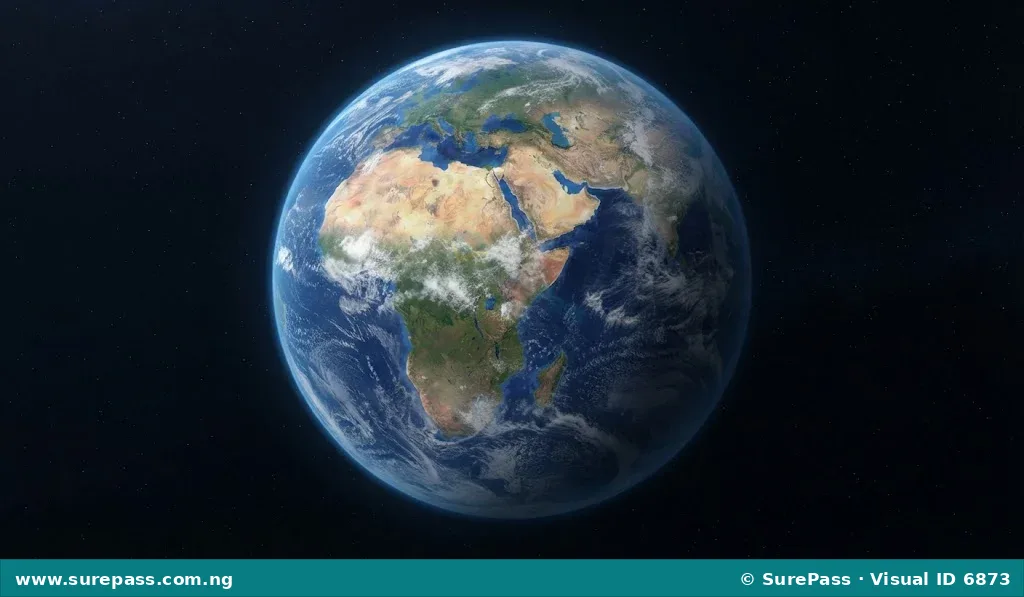A realistic image of the Earth seen from space, showing its spherical shape with visible continents, oceans, and clouds.