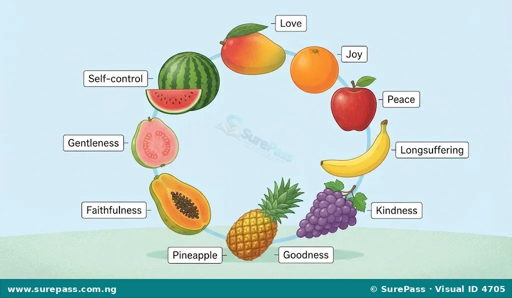 An illustration of nine different fruits, each labelled with one of the fruits of the Holy Spirit: Love, Joy, Peace, Longsuffering, Kindness, Goodness, Faithfulness, Gentleness, Self-control.