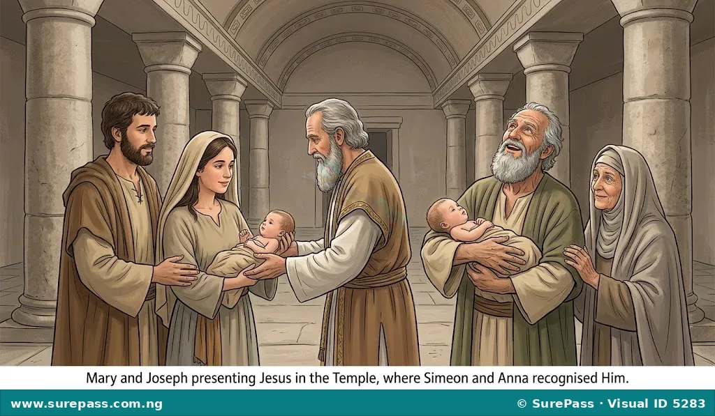 Mary and Joseph present baby Jesus in the Temple, while Simeon holds Jesus and Anna watches.