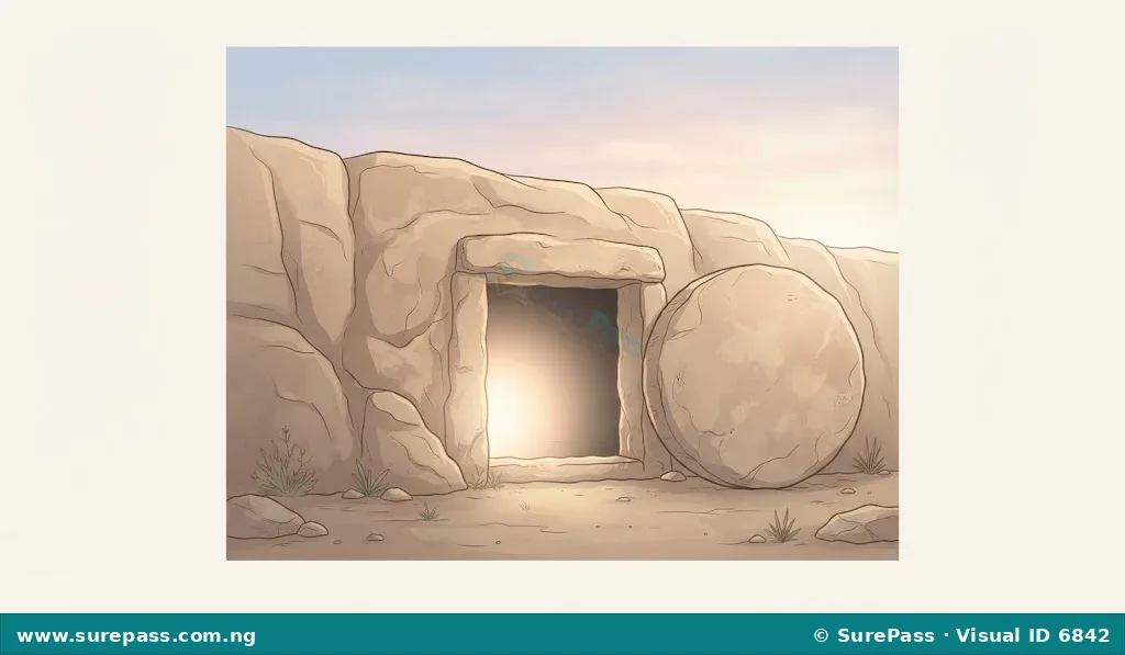 An illustration showing the empty tomb of Jesus with the large stone rolled away from the entrance.