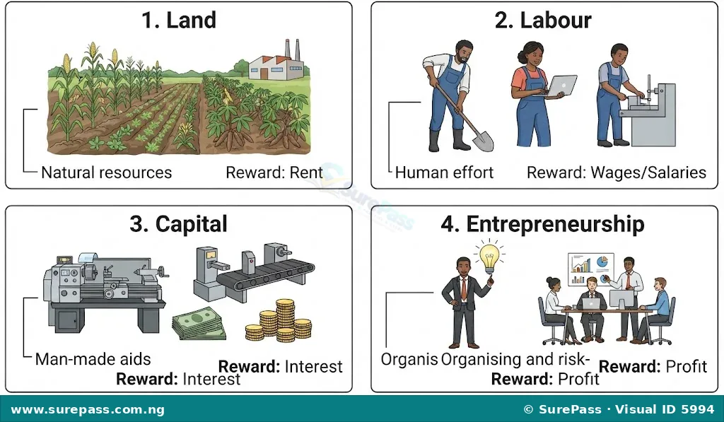 Diagram showing the four factors of production: Land (natural resources, reward Rent), Labour (human effort, reward Wages), Capital (man-made aids, reward Interest), and Entrepreneurship (organising and risk-taking, reward Profit).