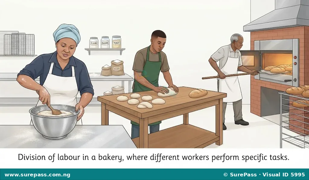 Illustration of three bakers in a bakery, each performing a different task in the bread-making process, demonstrating division of labour.