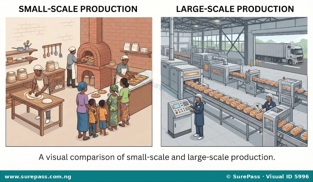Comparison of small-scale and large-scale production. Small-scale shows a local bakery, large-scale shows an automated bread factory.