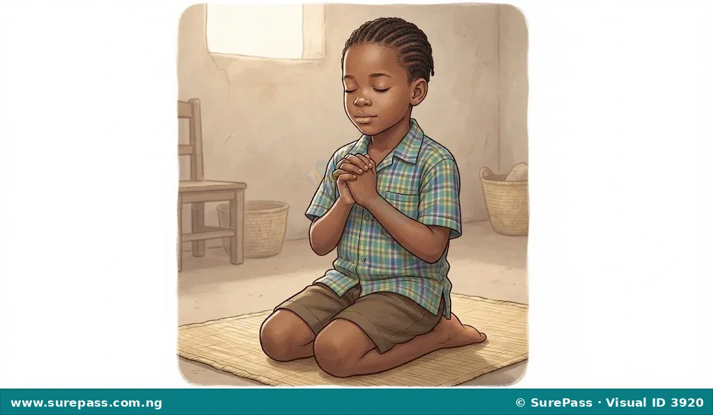 A child praying with clasped hands and closed eyes.