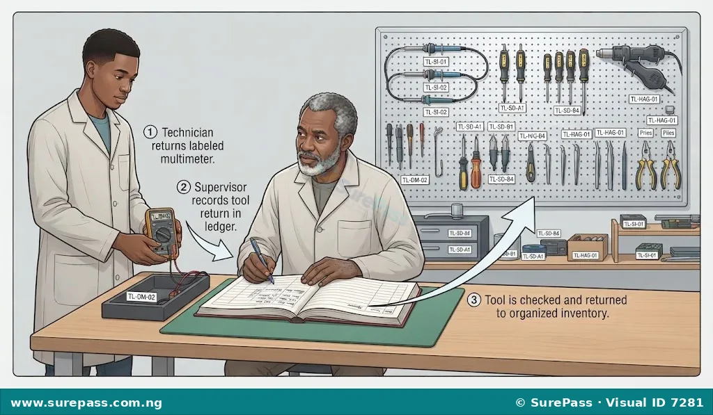 A technician returning a tool to a supervisor who is recording the transaction in a logbook in an organized workshop.