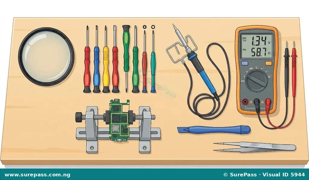 A collection of mobile phone repair hand tools including a magnifying lens, precision screwdrivers, PCB holder, soldering iron, multimeter, plastic prying tool, and tweezers.