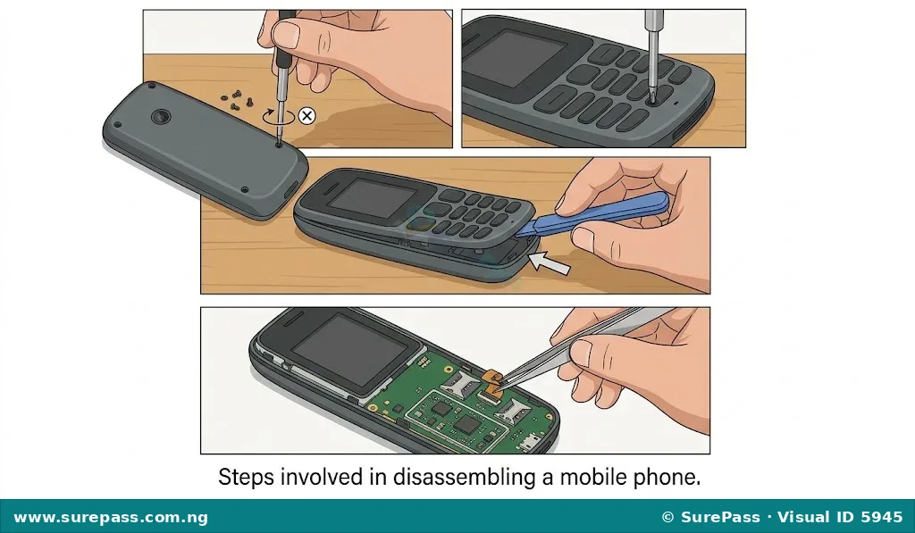 Step-by-step visual of mobile phone disassembly, showing removal of screws, prying open the casing, and disconnecting internal cables.