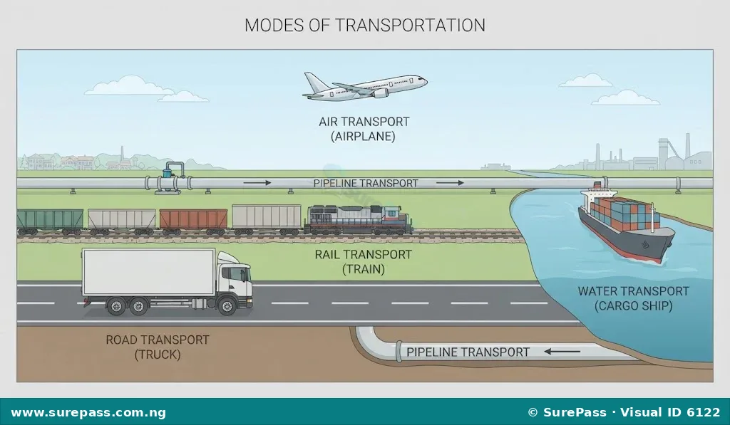 Illustration showing a truck, train, cargo ship, airplane, and pipeline, representing different transportation modes.
