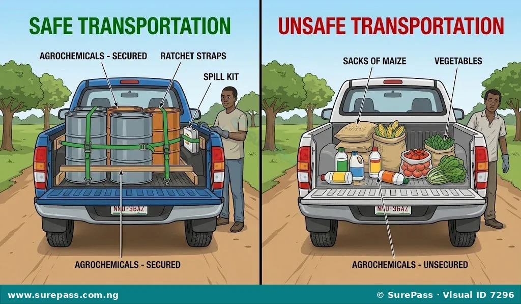 Comparison showing safe, secured chemical transport on the left and unsafe transport mixed with food crops on the right.