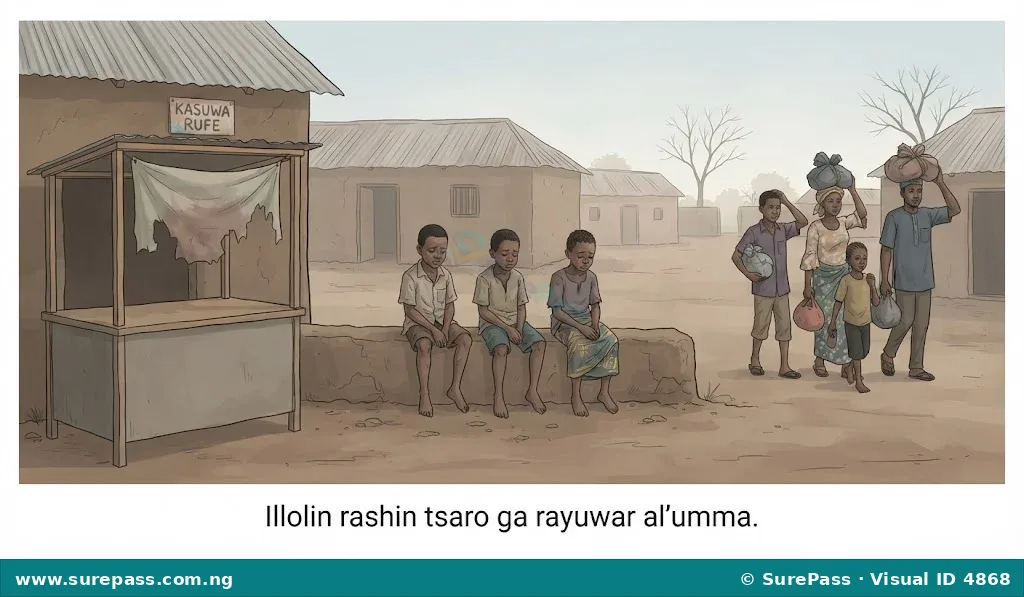 Children looking sad, an empty market stall, and a family moving with bundles, showing the harms of insecurity.