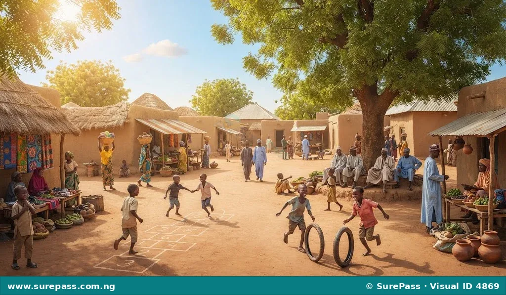 A peaceful and bustling Nigerian village scene with children playing and adults going about their day.