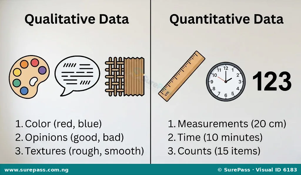 Diagram comparing qualitative and quantitative data. Qualitative shows colour, opinion, texture. Quantitative shows measurement, time, numbers.