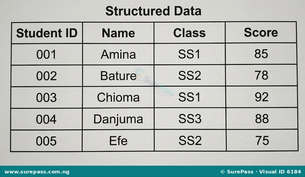 Diagram of structured data, showing a table with columns for Student ID, Name, Class, and Score, filled with example student records.